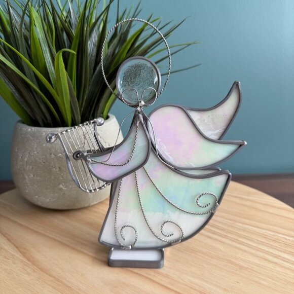 Vtg Stained Glass Angel Harp Halo Iridescent on Base Hand Crafted Jean Richards - Picture 1 of 12